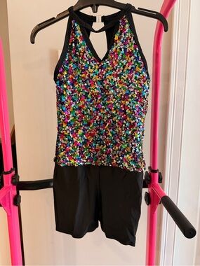 Wish Multicolor Sequin Halter Romper with Black Trim
